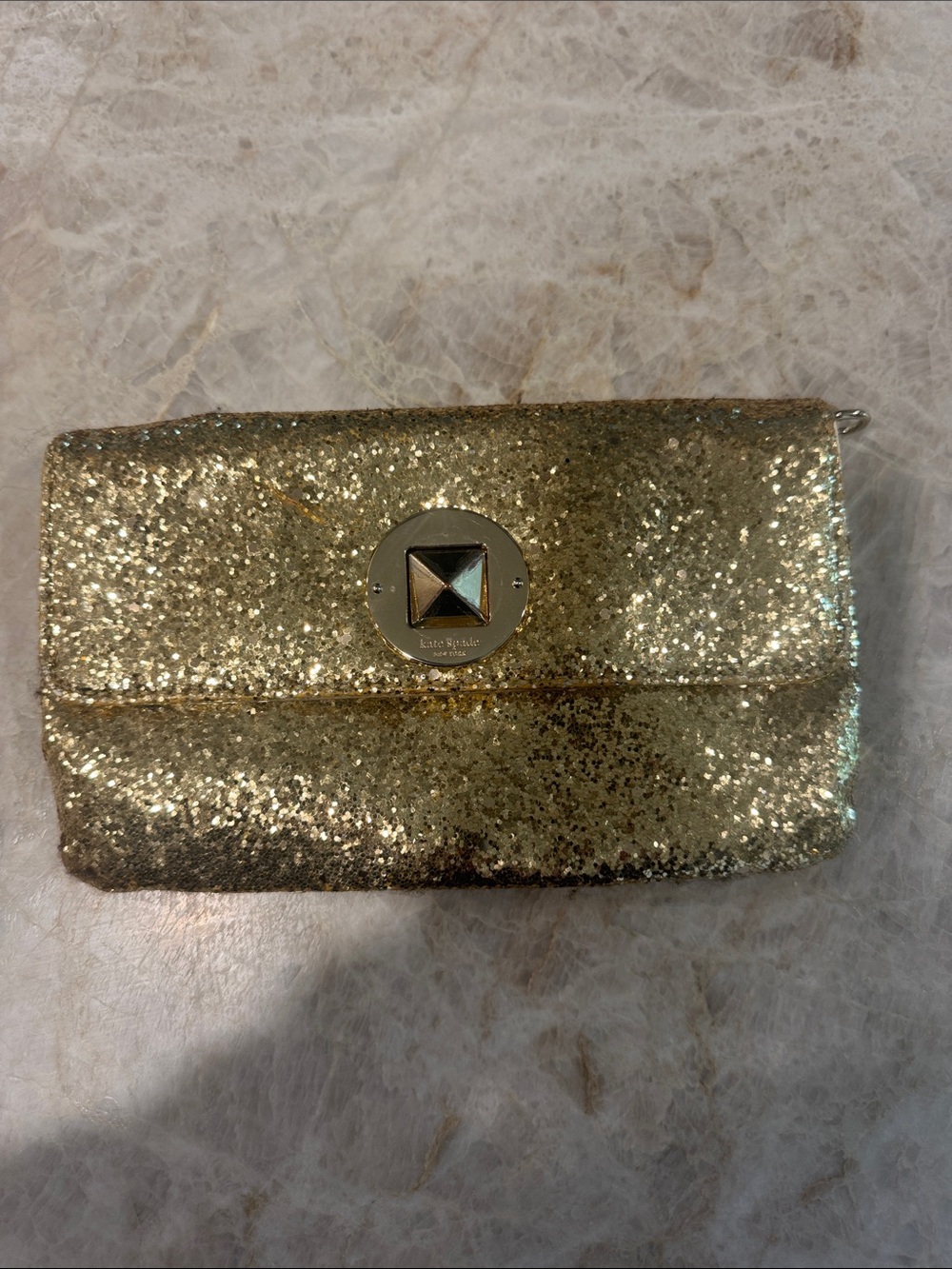 kate spade Gold Glitter Foldover Clutch with Pyramid Turn-Lock